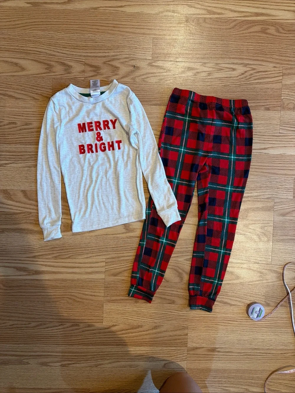 Kids Merry & Bright Pajama Set - White Top with Red Plaid Pants